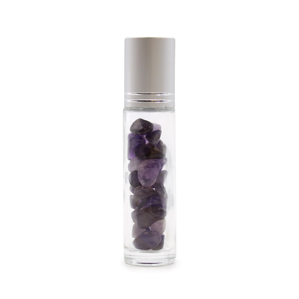 Flacon roll-on 5 ml en améthyste avec bouchon argenté et bille en pierre d’améthyste