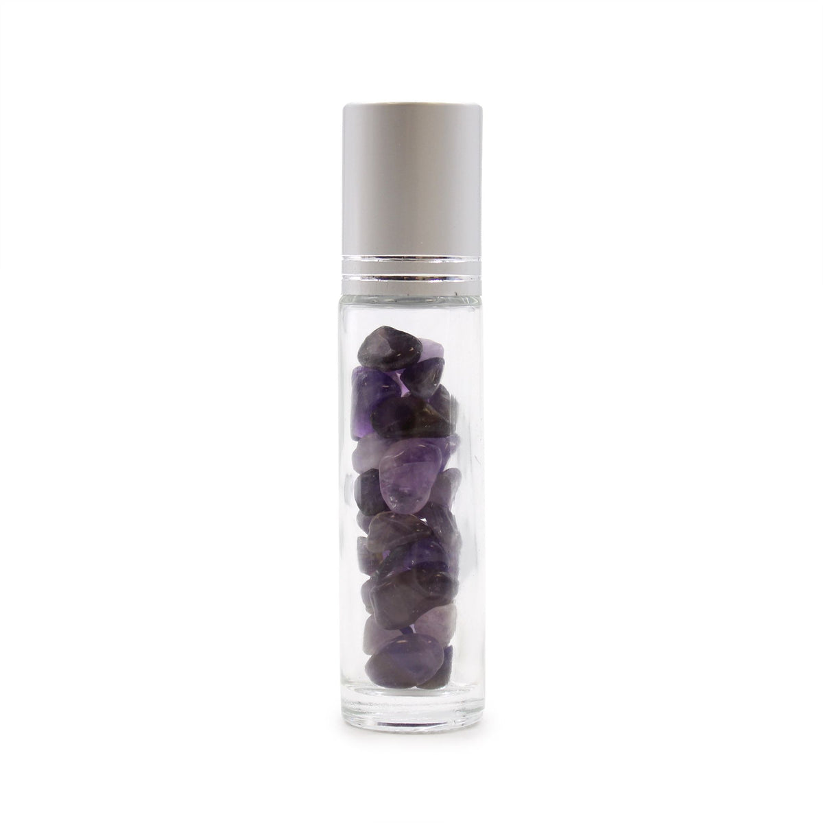 Flacon roll-on 5 ml en améthyste avec bouchon argenté et bille en pierre d’améthyste