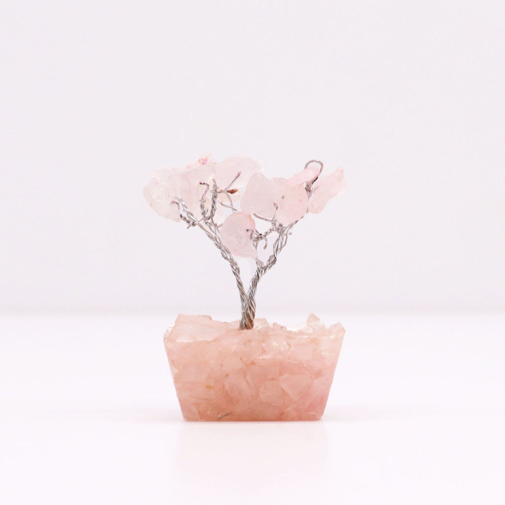 Mini Arbres en Pierres Précieuses sur Base d'Orgonite – Quartz Rose (15 pierres)