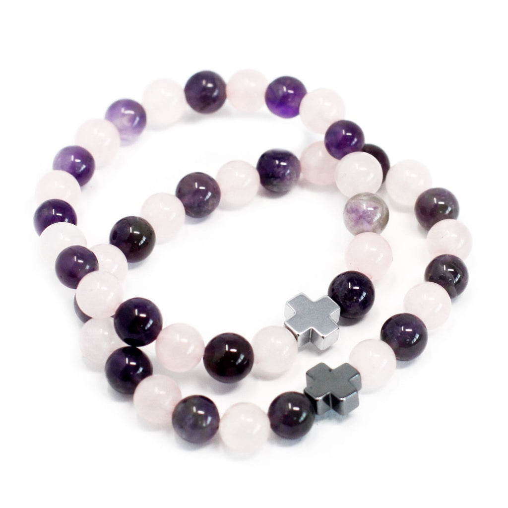 Lot de 2 bracelets d’amitié « Amour » en améthyste et quartz rose