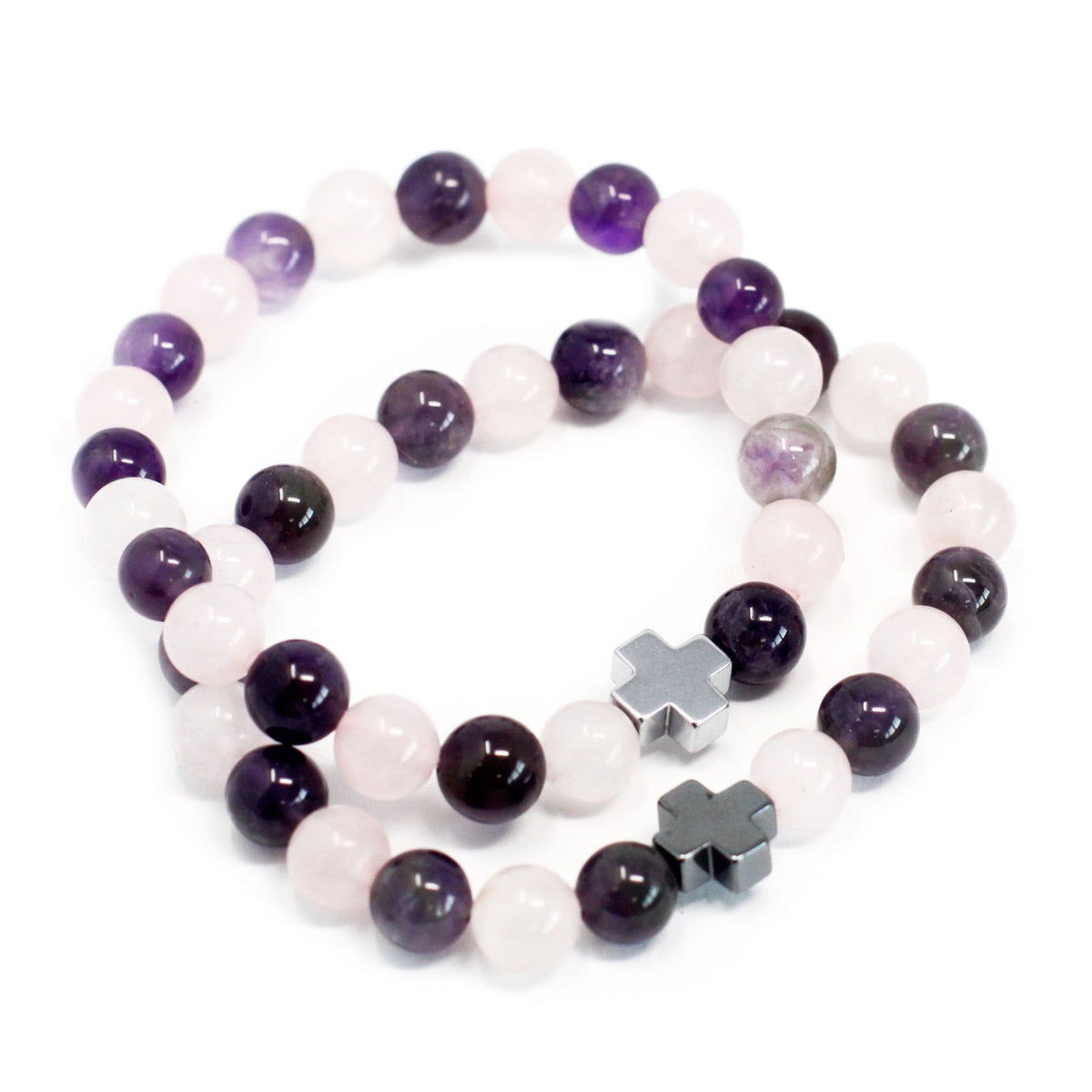 Lot de 2 bracelets d’amitié « Amour » en améthyste et quartz rose