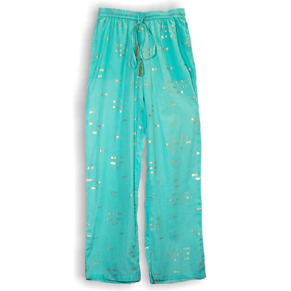Pantalon Lounge Femme Turquoise & Poisson Doré – Collection Nomad Sari Méditerranée (L/XL)