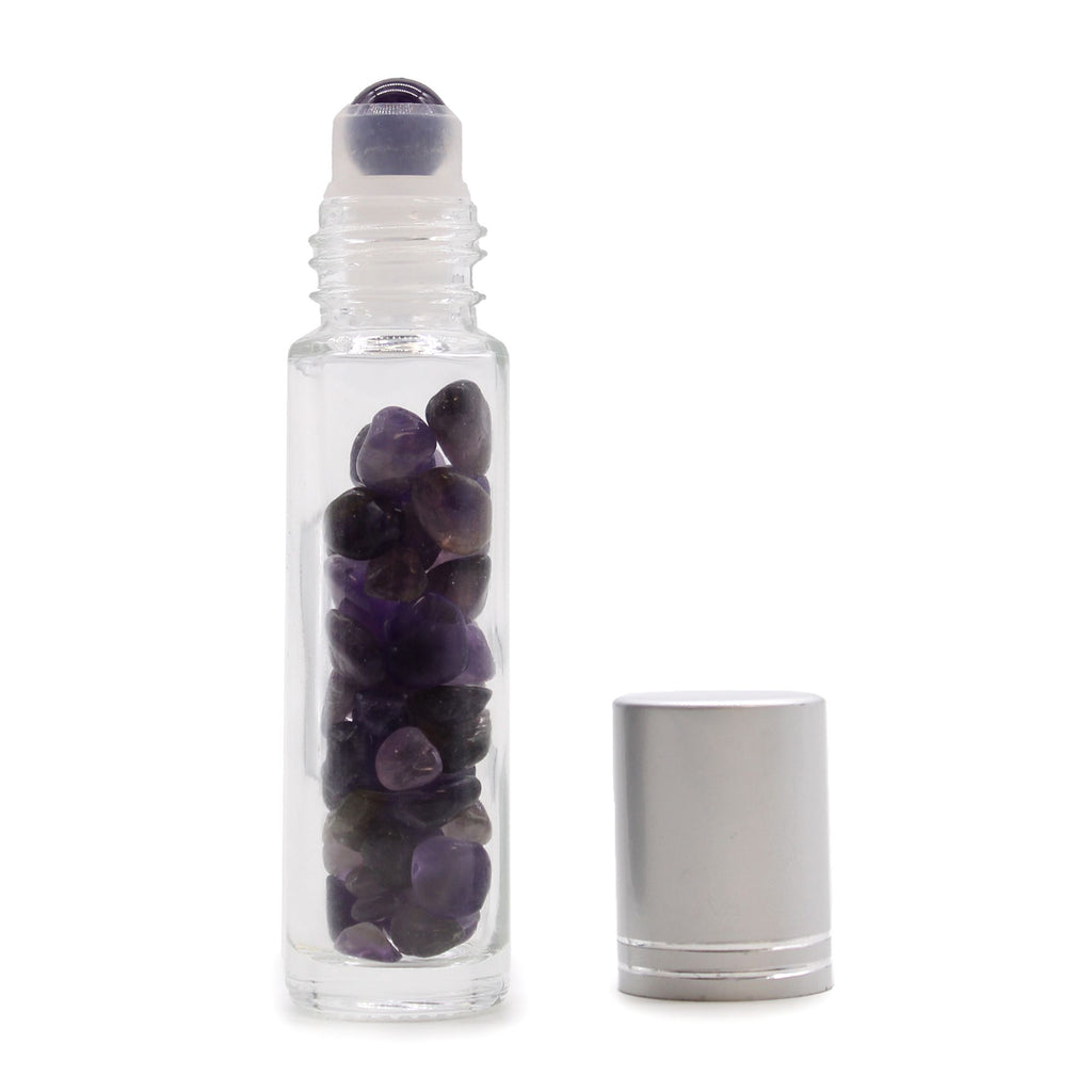 Flacon roll-on 5 ml en améthyste avec bouchon argenté et bille en pierre d’améthyste
