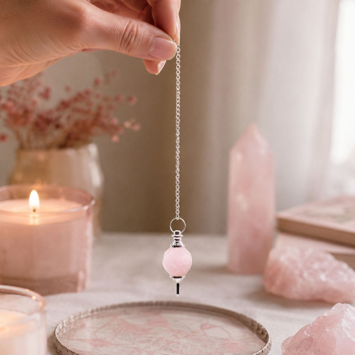 Pendule à facettes en quartz rose
