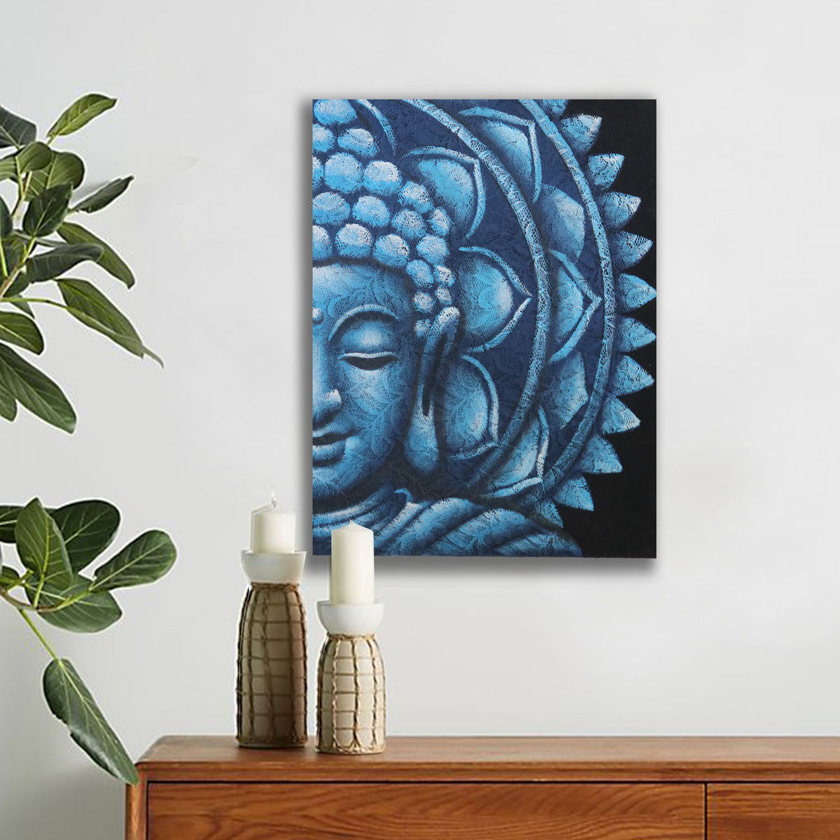 * Tableau demi-visage de Bouddha bleu et mandala, 60 × 80 cm