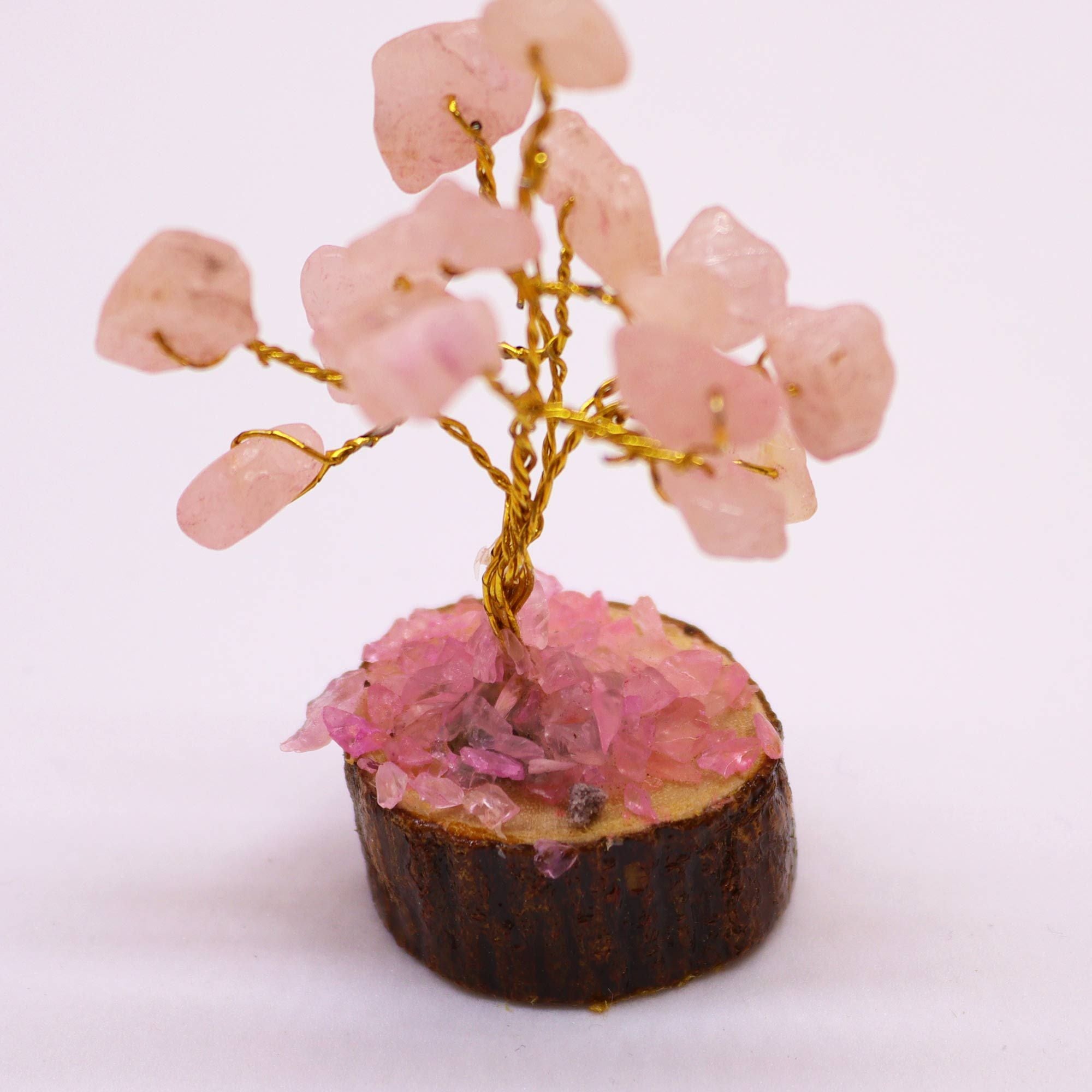 Mini Arbres en Pierres Précieuses sur Socle en Bois – Quartz Rose (15 pierres)