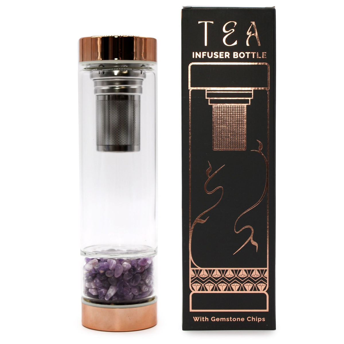 Bouteille infuseur à thé en verre, doré rose et améthyste (500 ml)