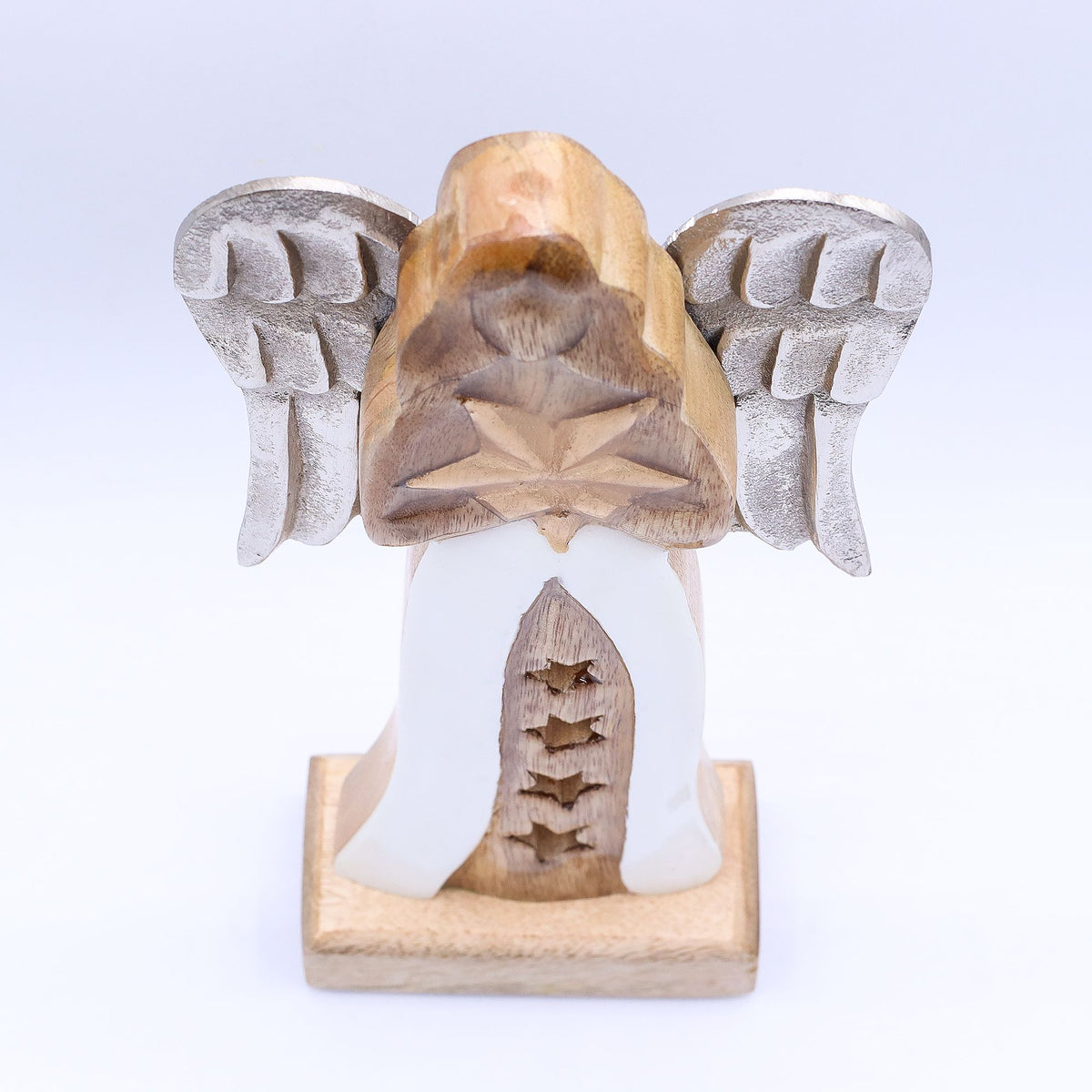* Grand ange étoilé en bois de manguier 30 cm – Ailes en métal et détails émaillés