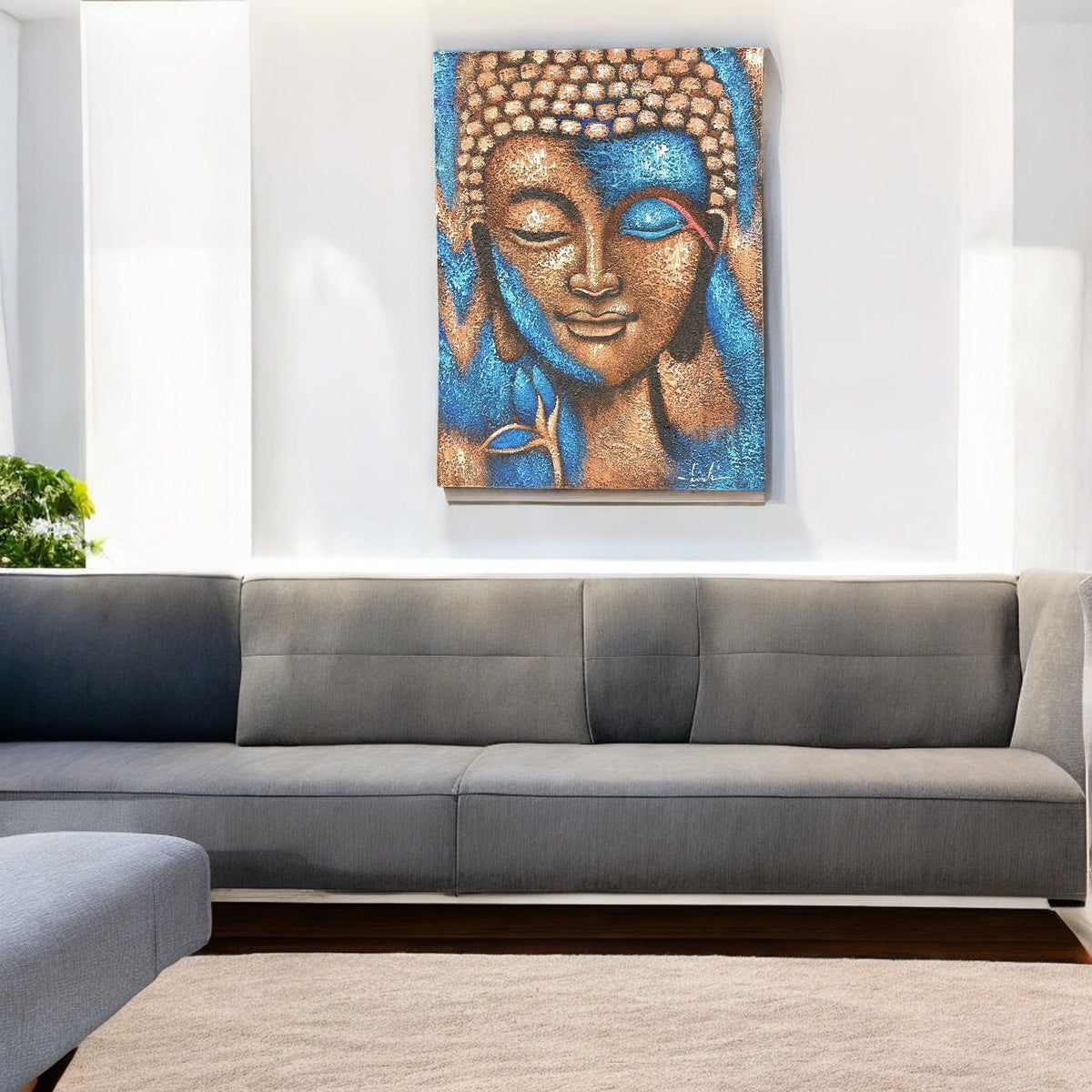 * Tableau Bouddha bronze et fleur bleue, 75 × 55 cm