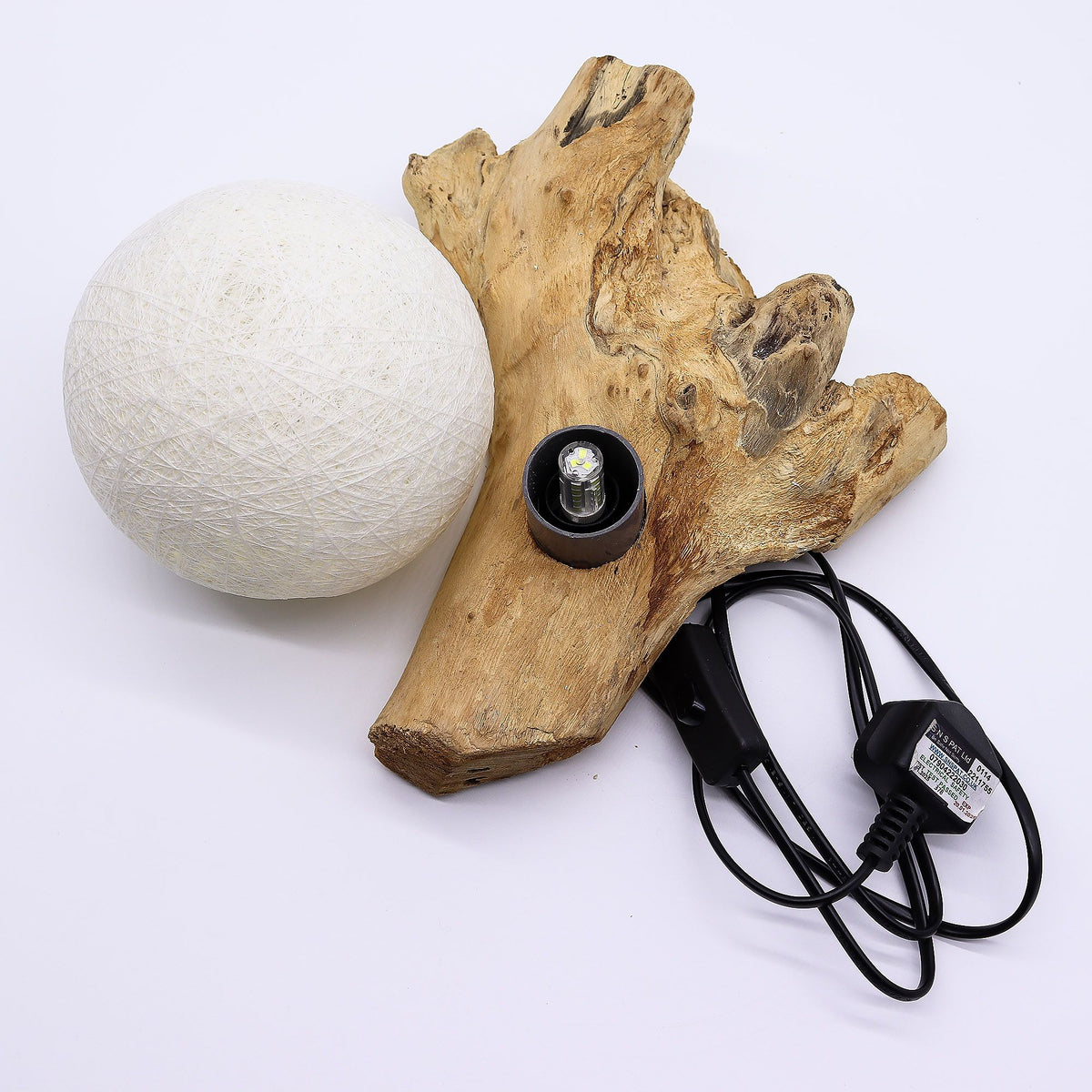 * Lampe DriftGlow Cotton Luna – Abat-jour ivoire et pied en bois flotté