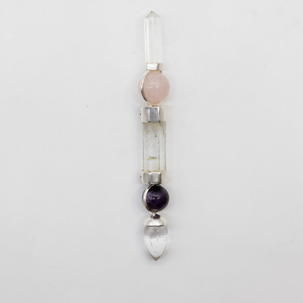 * Baguette Axe de grâce – Sphères en améthyste et quartz rose, tige en quartz, 12 cm