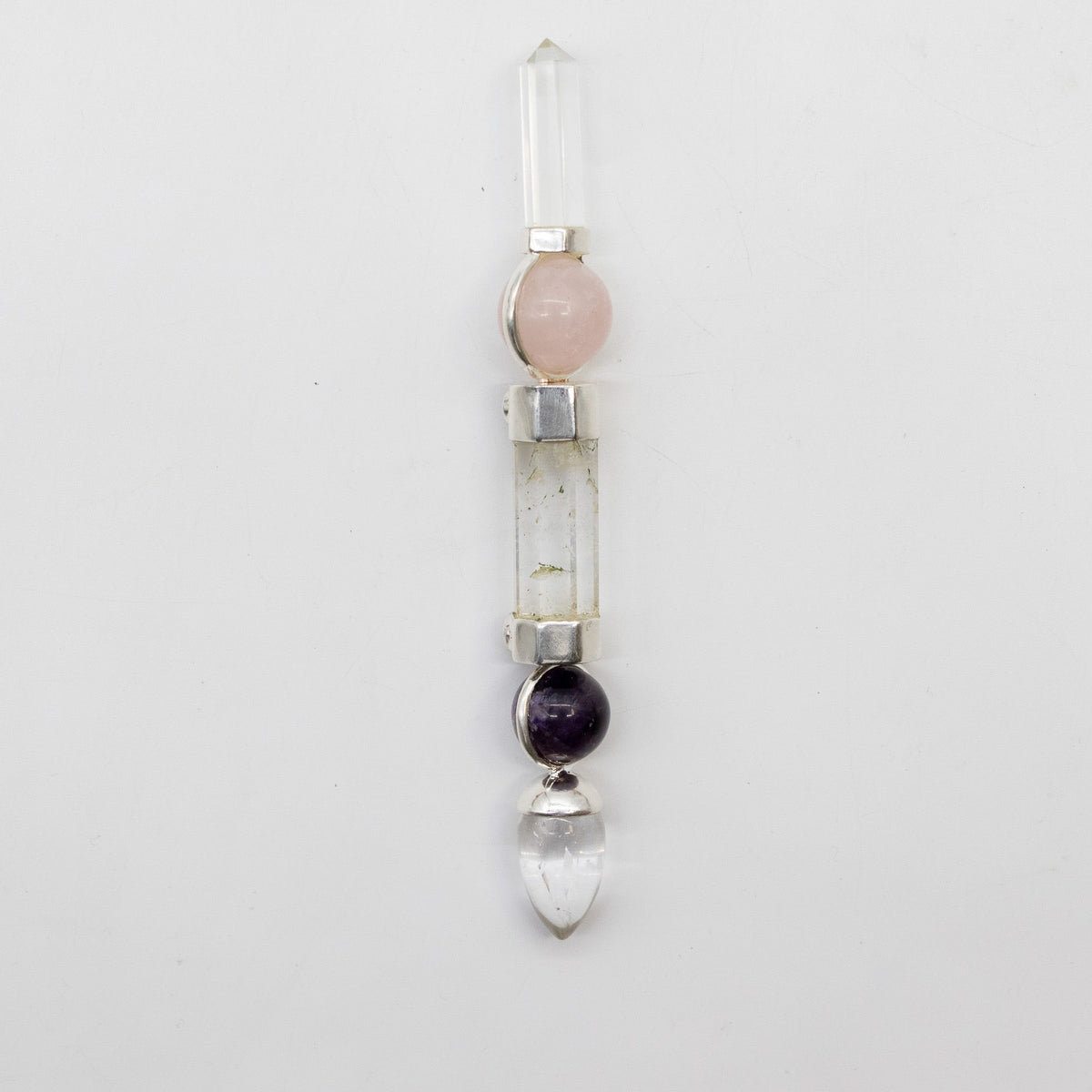 * Baguette Axe de grâce – Sphères en améthyste et quartz rose, tige en quartz, 12 cm