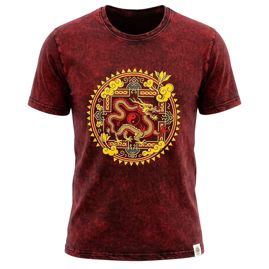 * T-Shirt en Coton Délavé Nomad Sari – Mandala Dragon – Bordeaux – XL
