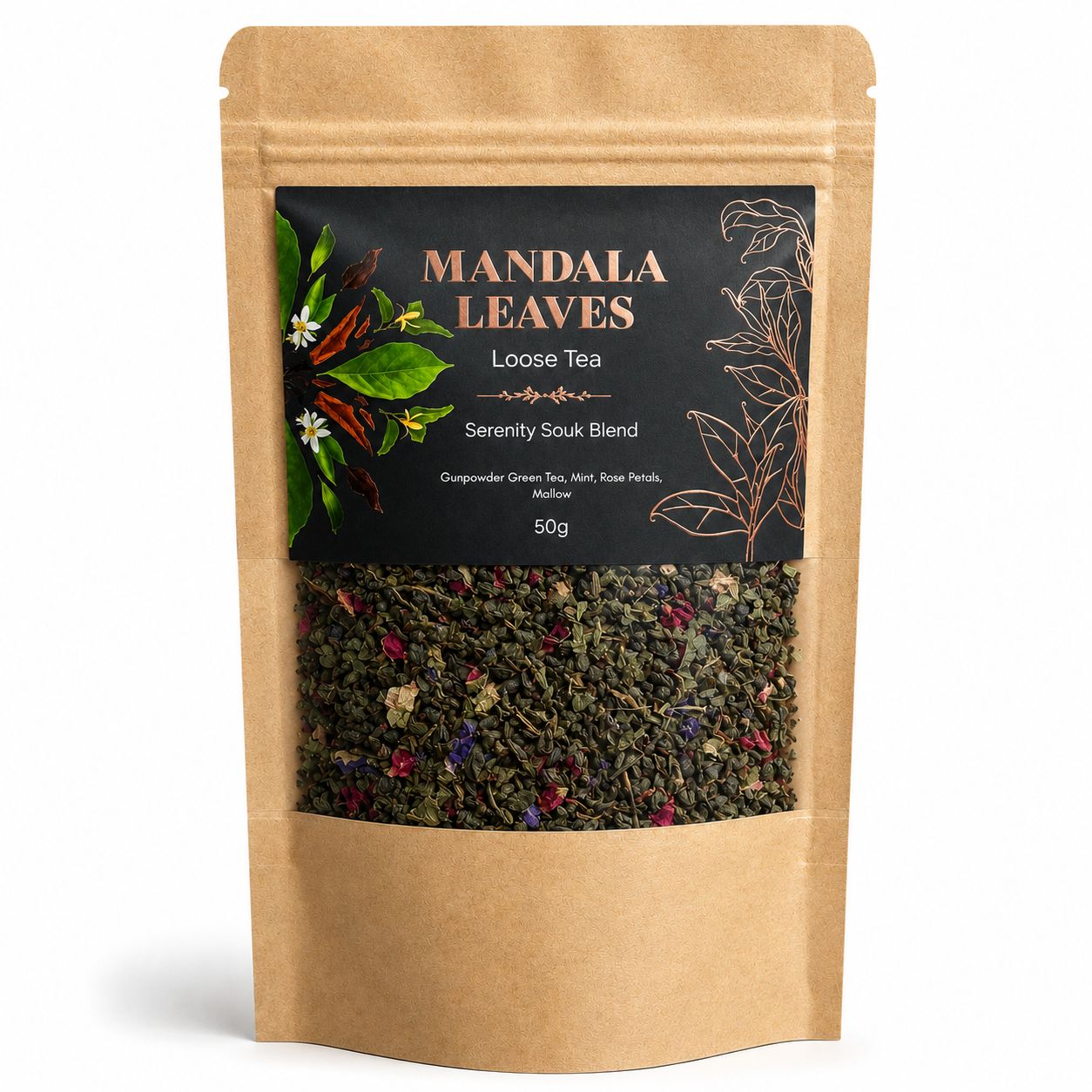 Sérénité Souk 50g – Thé Vert Menthe Marrakech Pétales | Infusion Purifiante Sachet Artisanal