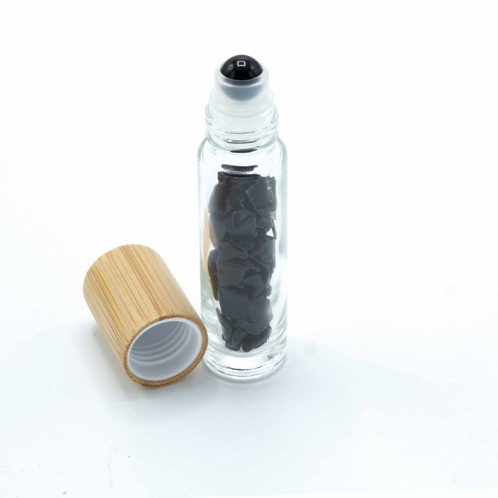 * Flacon roll-on pour huiles essentielles en tourmaline noire – 5 ml, bouchon en bois et bille en tourmaline noire