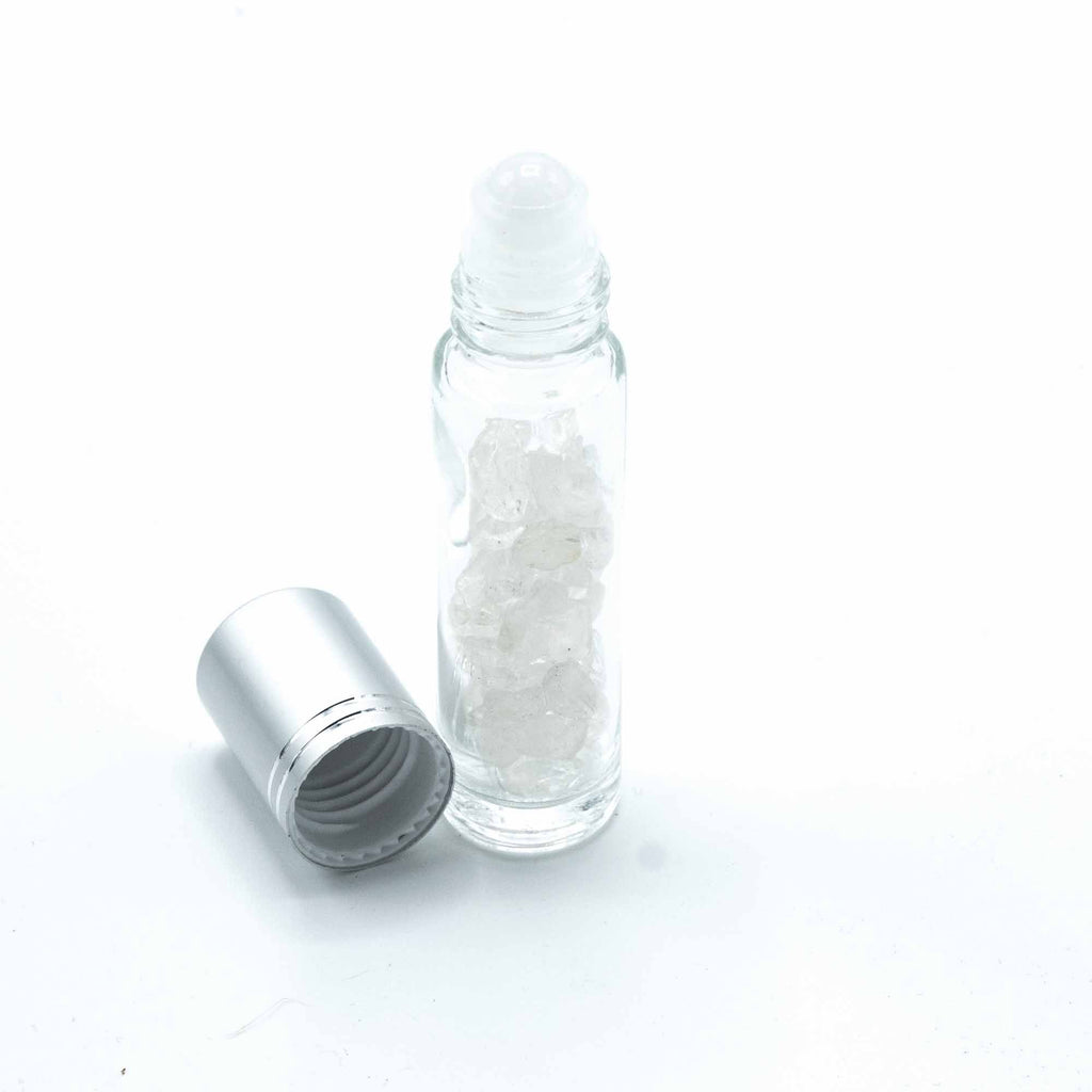 * Flacon roll-on pour huiles essentielles en cristal de roche – Bouchon argenté + embout à bille en cristal de roche pour flacon de 5 ml