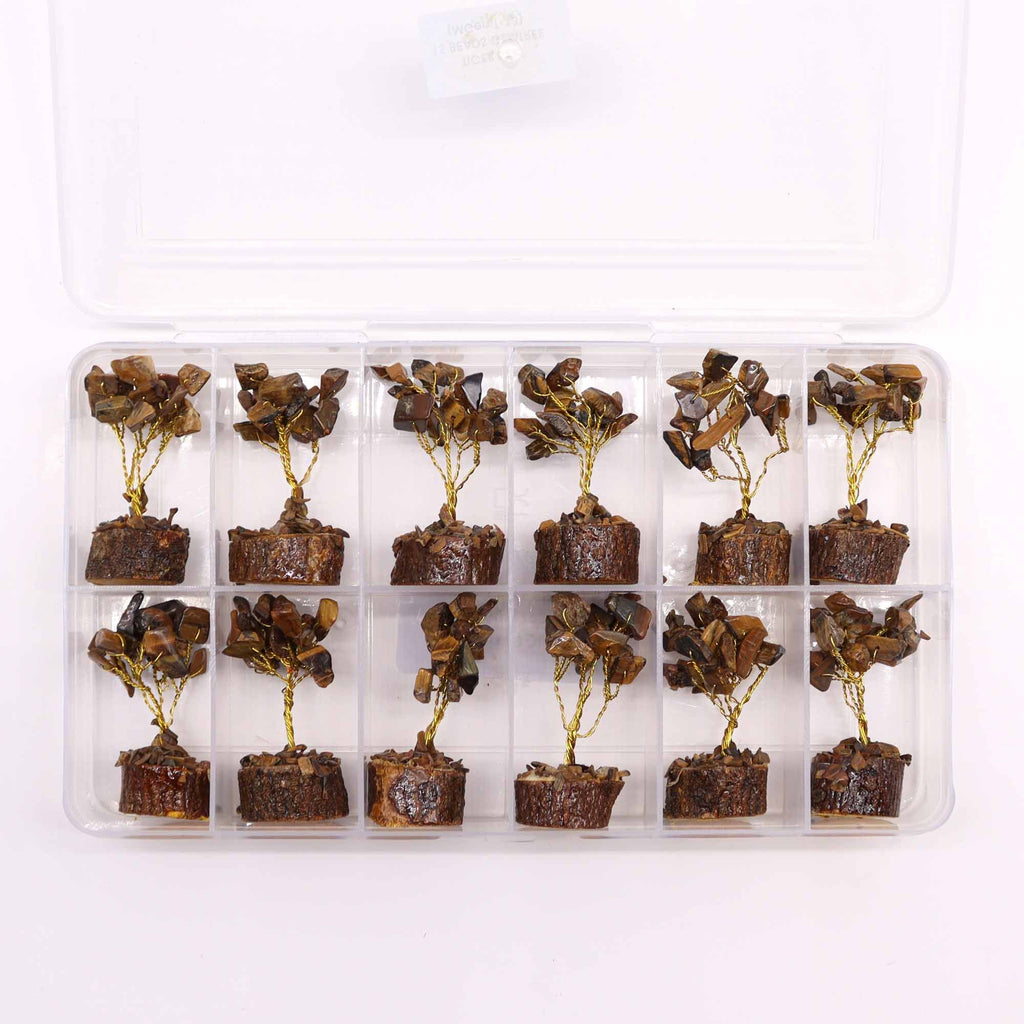 Mini Arbres en Pierres Précieuses sur Socle en Bois – Œil de Tigre (15 pierres)