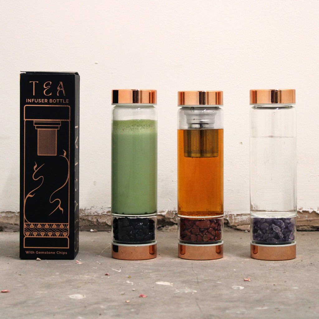 Bouteille infuseur à thé en verre, doré rose et améthyste (500 ml)