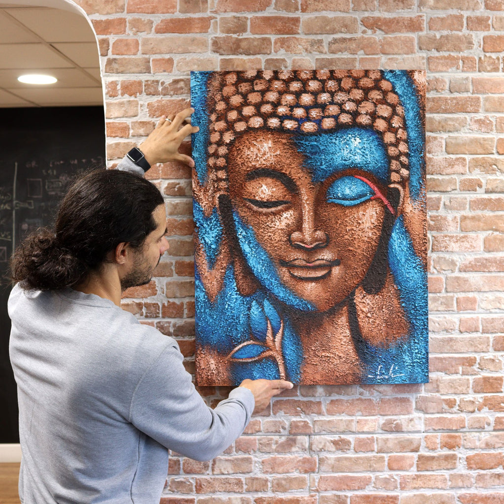 * Tableau Bouddha argenté et fleur or rose, 75 × 55 cm