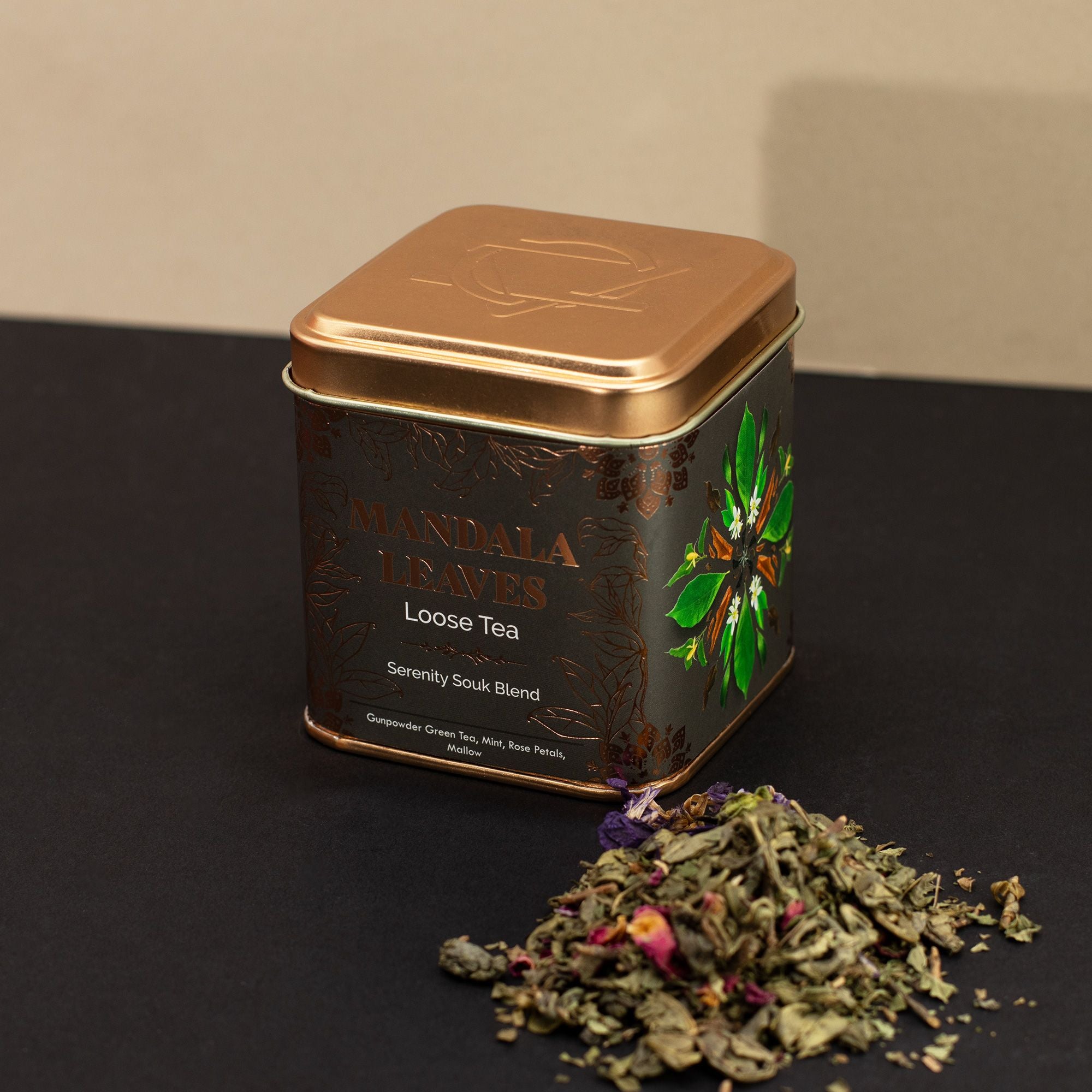 Thé Sérénité Souk 50g – Thé Vert Gunpowder Menthe Rose Mauve | Boîte Métallique
