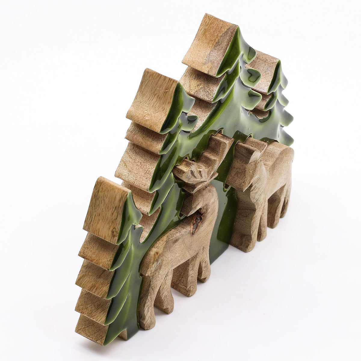 * Perdu dans la forêt – Décoration en bois 3D à deux cerfs – 18 × 23 cm