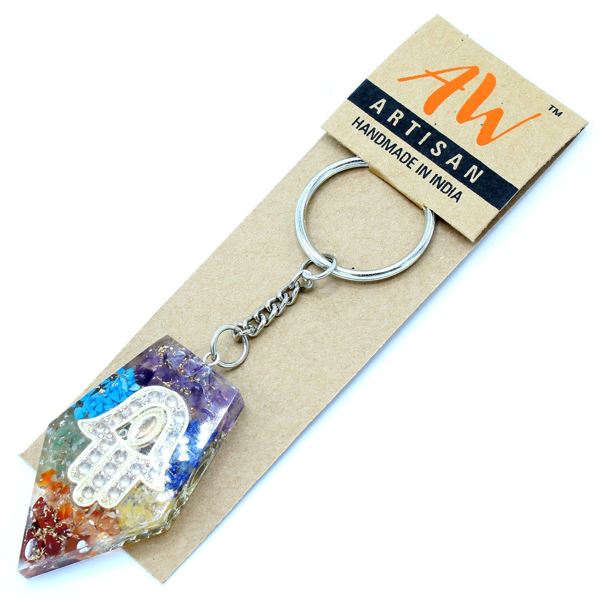 * Porte-clés en orgonite – Main de Fatma et pierres des chakras