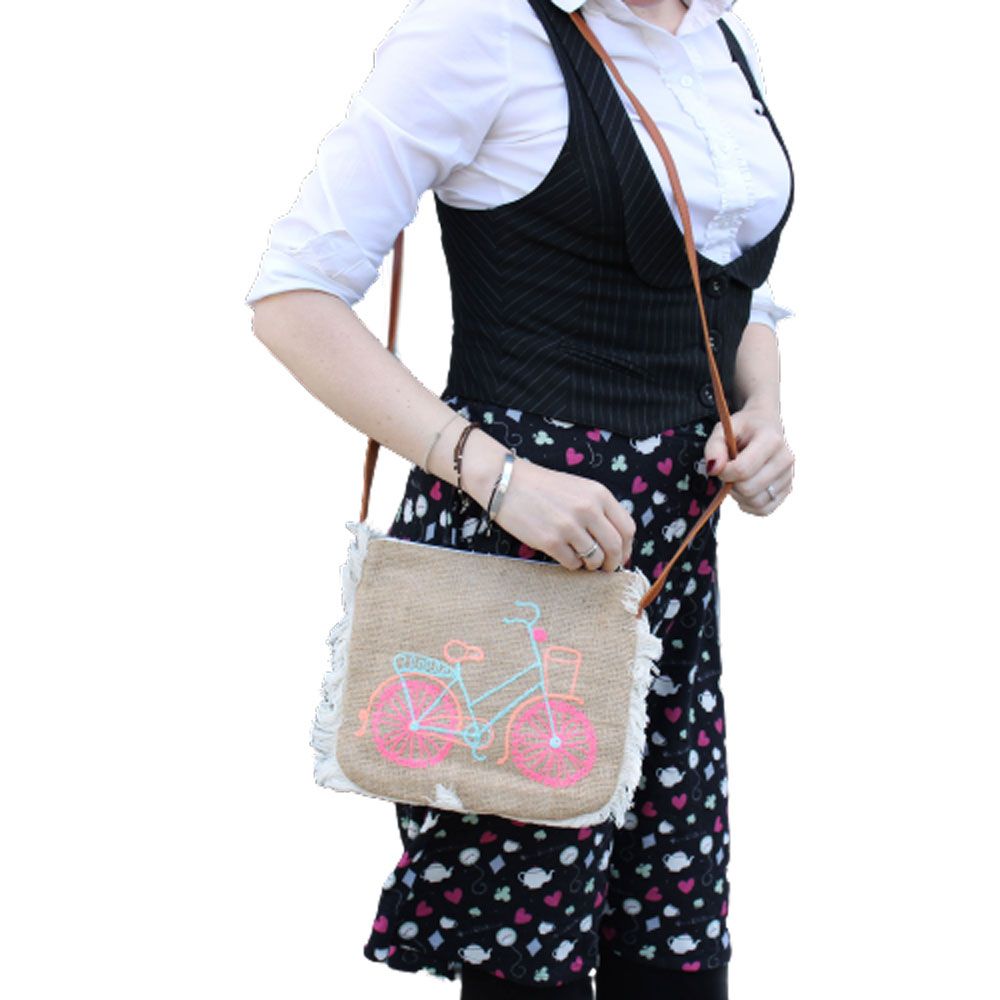 Sac À Franges Broderie Vélo – Jute Artisanal Bali | Ultra-Léger 94g | Brodé Main