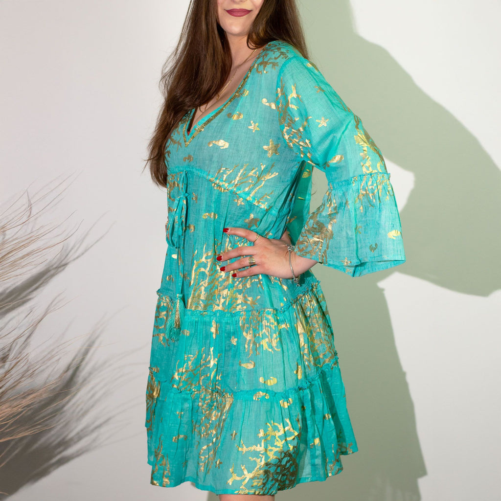 Robe Femme Turquoise & Corail Doré – Collection Nomad Sari Méditerranée (L/XL)