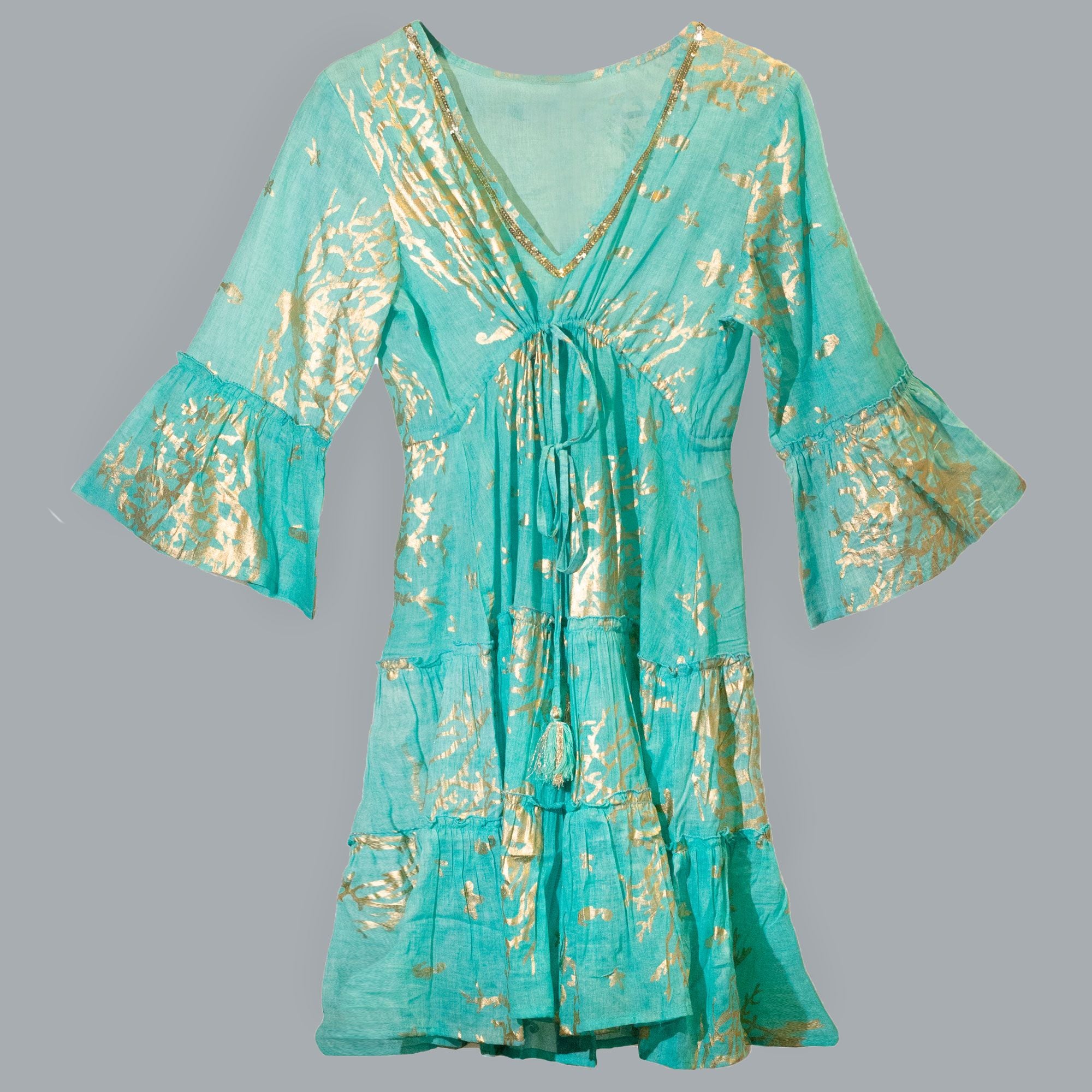 Robe Femme Turquoise & Corail Doré – Collection Nomad Sari Méditerranée (L/XL)