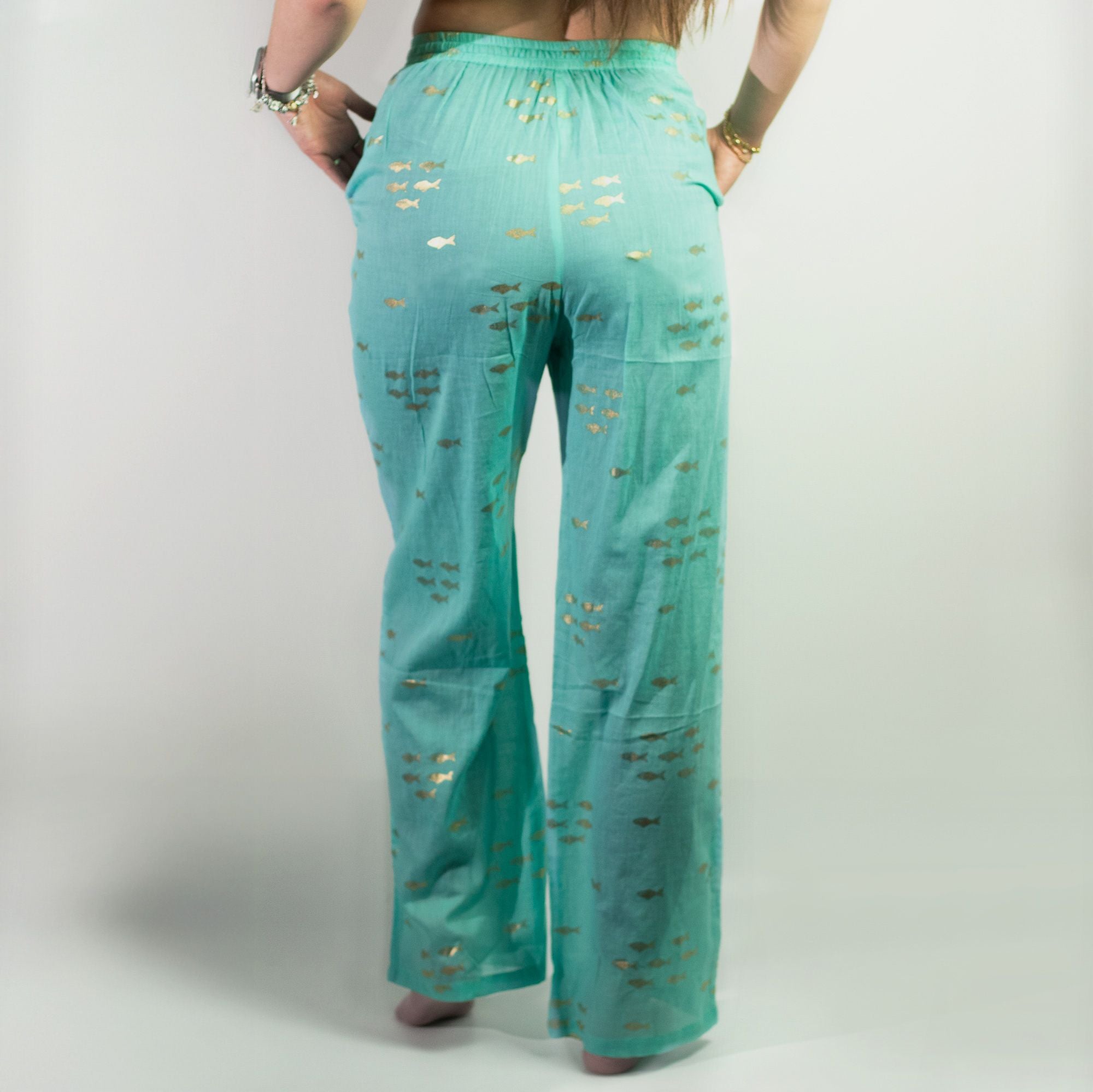 Pantalon Lounge Femme Turquoise & Poisson Doré – Collection Nomad Sari Méditerranée (M/L)