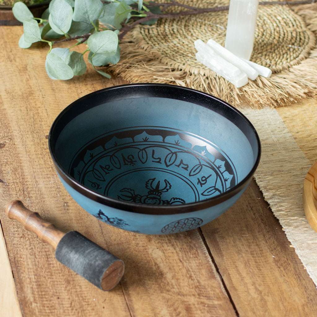 * Grand bol chantant en aluminium – Double dorjé tibétain – Bleu (27 cm)