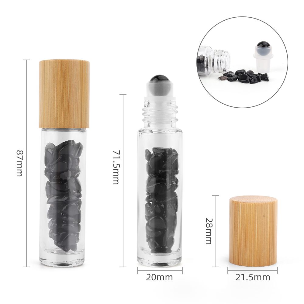 * Flacon roll-on pour huiles essentielles en tourmaline noire – 5 ml, bouchon en bois et bille en tourmaline noire