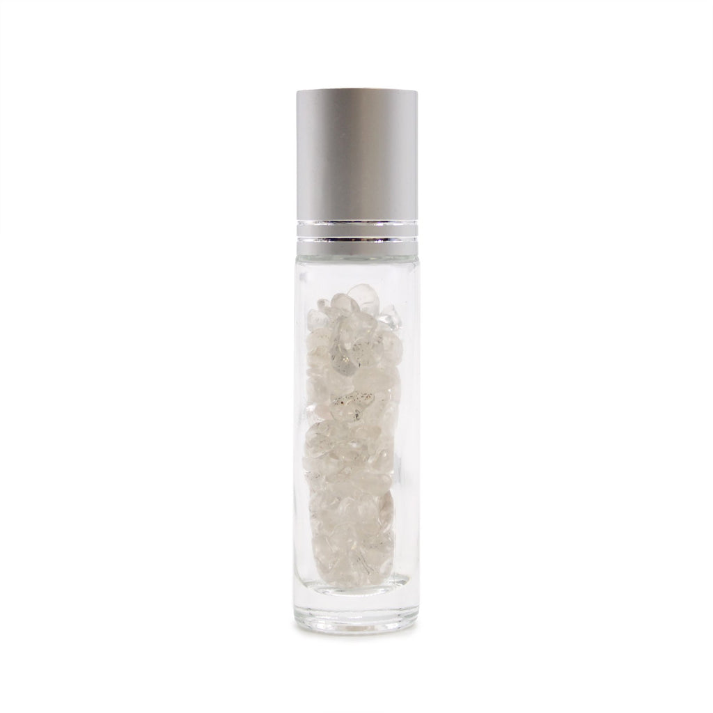 * Flacon roll-on pour huiles essentielles en cristal de roche – Bouchon argenté + embout à bille en cristal de roche pour flacon de 5 ml