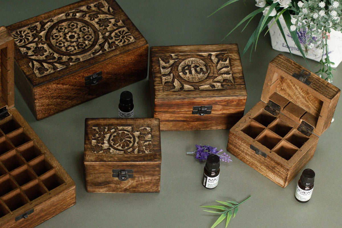 * Coffret d’aromathérapie en bois de manguier – AW – 12 flacons