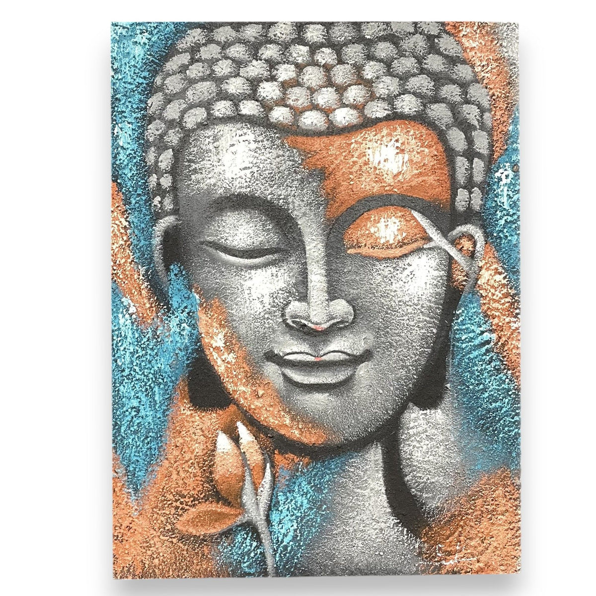 * Tableau Bouddha argenté et fleur or rose, 75 × 55 cm