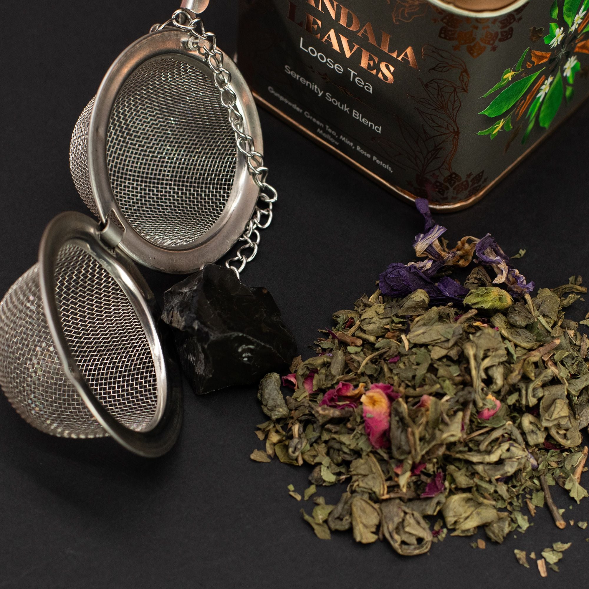 Thé Sérénité Souk 50g – Thé Vert Gunpowder Menthe Rose Mauve | Boîte Métallique