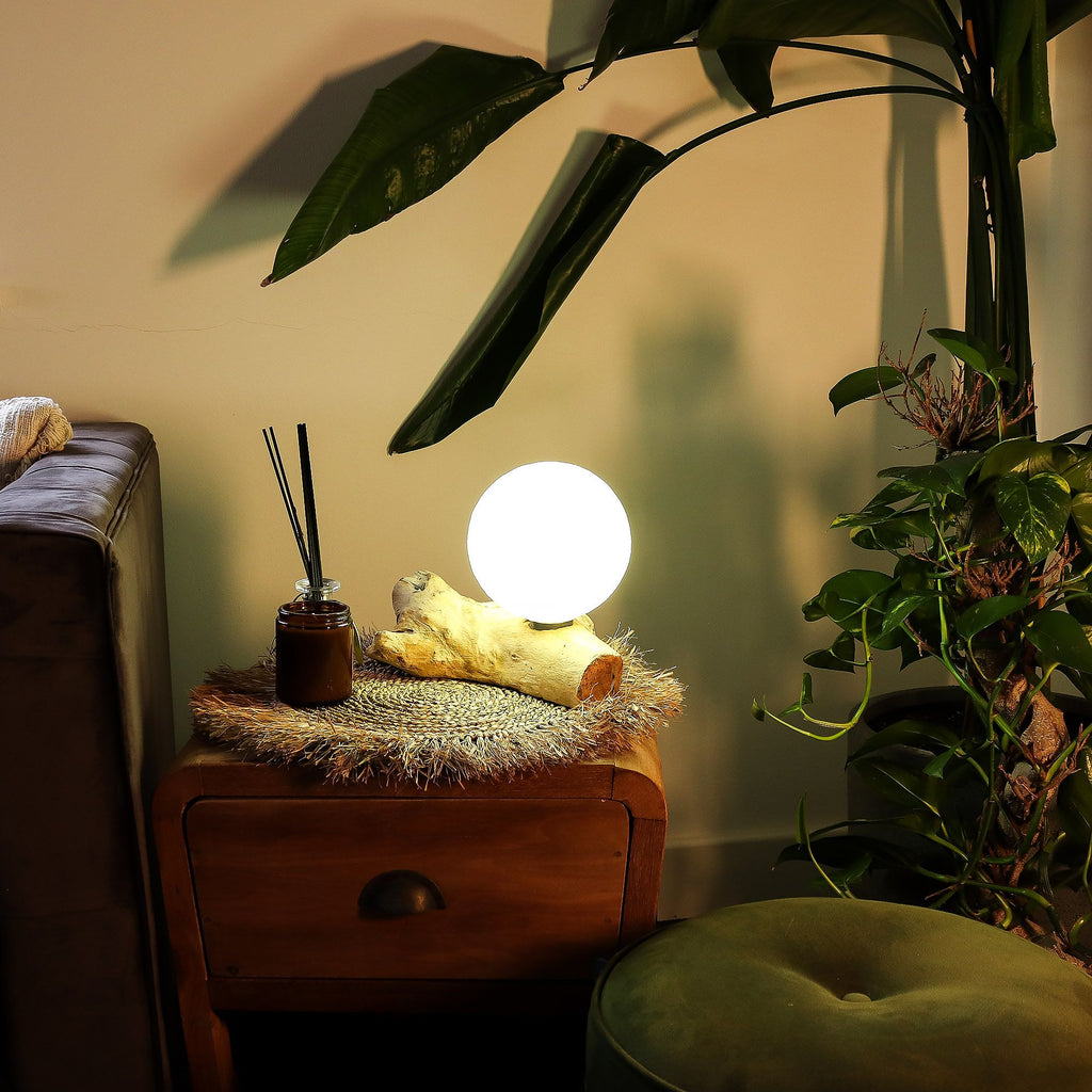 * Lampe DriftGlow Cotton Luna – Abat-jour ivoire et pied en bois flotté