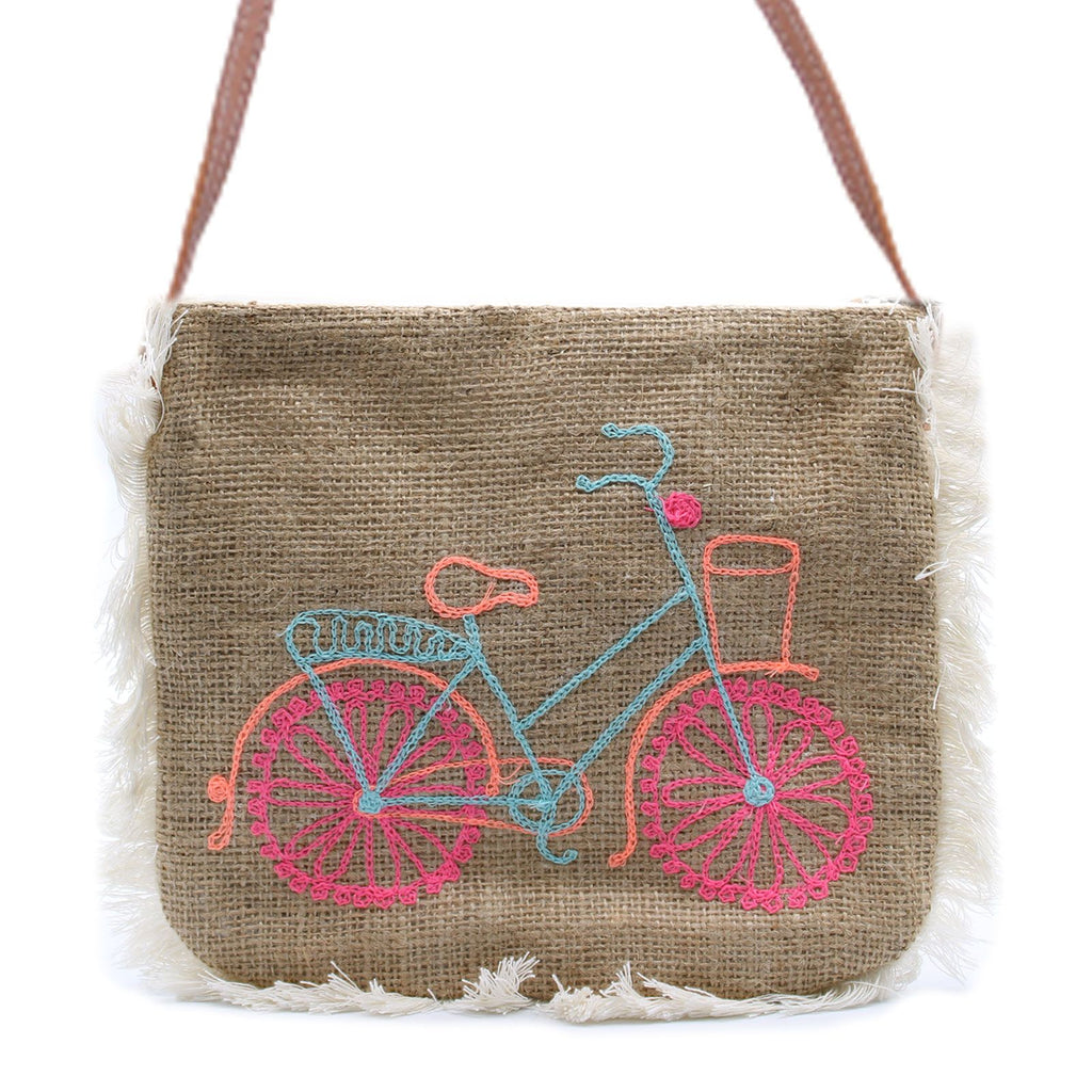Sac À Franges Broderie Vélo – Jute Artisanal Bali | Ultra-Léger 94g | Brodé Main