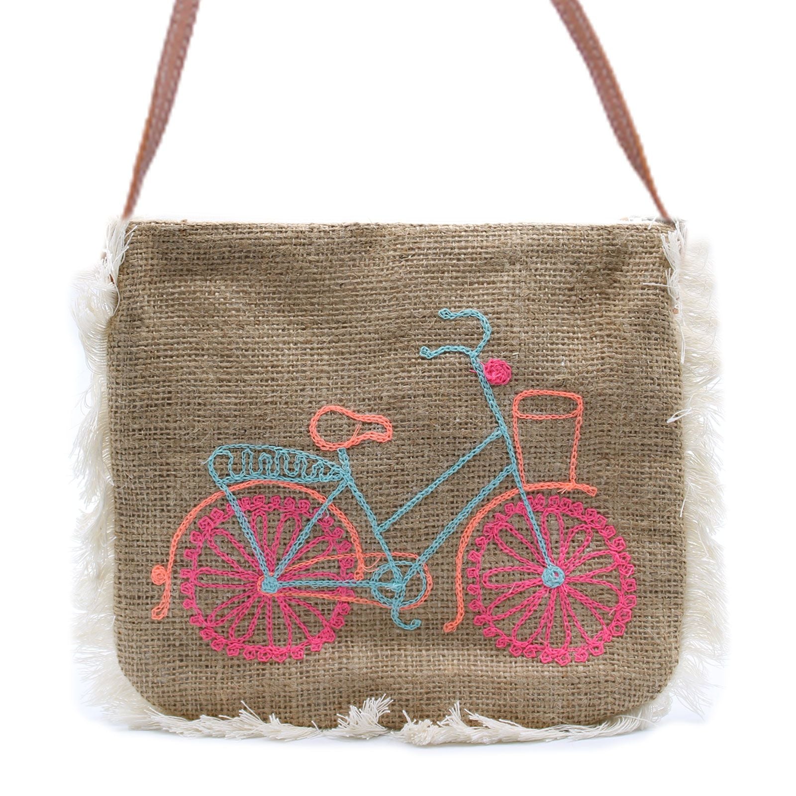 Sac À Franges Broderie Vélo – Jute Artisanal Bali | Ultra-Léger 94g | Brodé Main