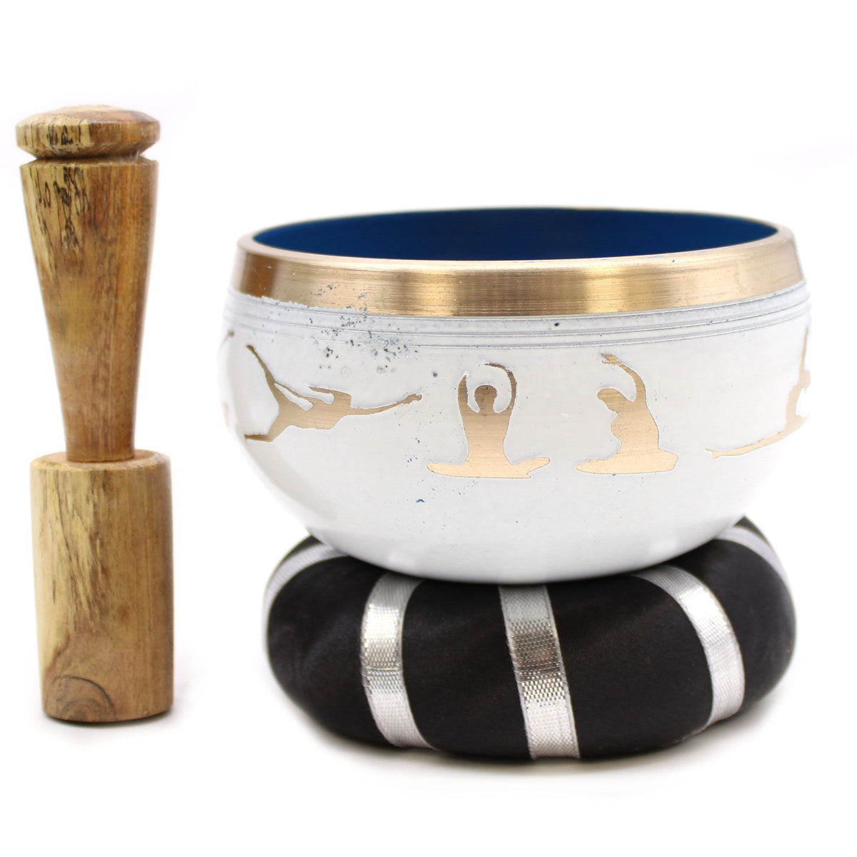 * Coffret de bol chantant blanc et bleu aux postures de yoga, 10,7 cm