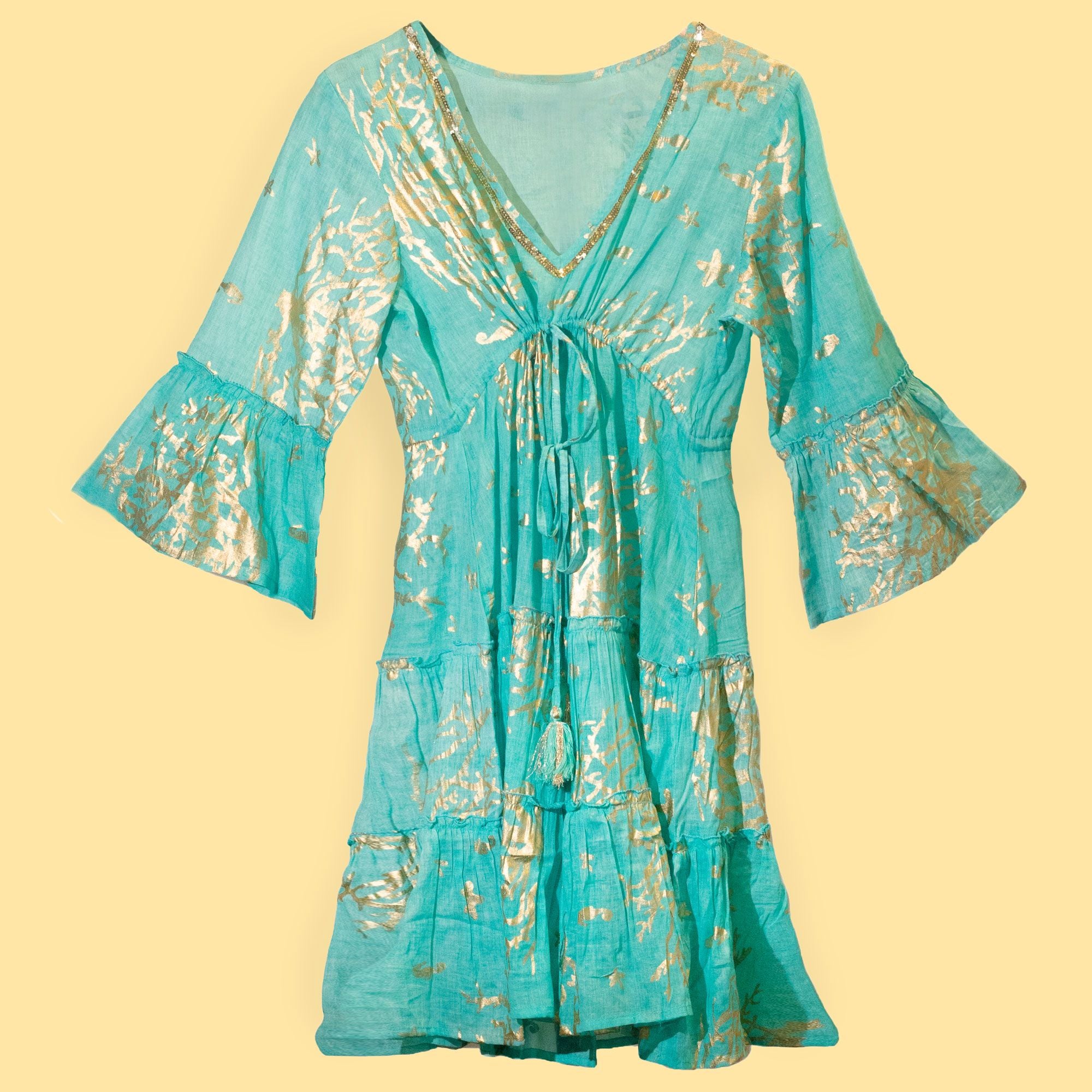 Robe Femme Turquoise & Corail Doré Peint à la Main – Col V & Jupe À Volants | Collection Nomad Sari Méditerranée (M/L)