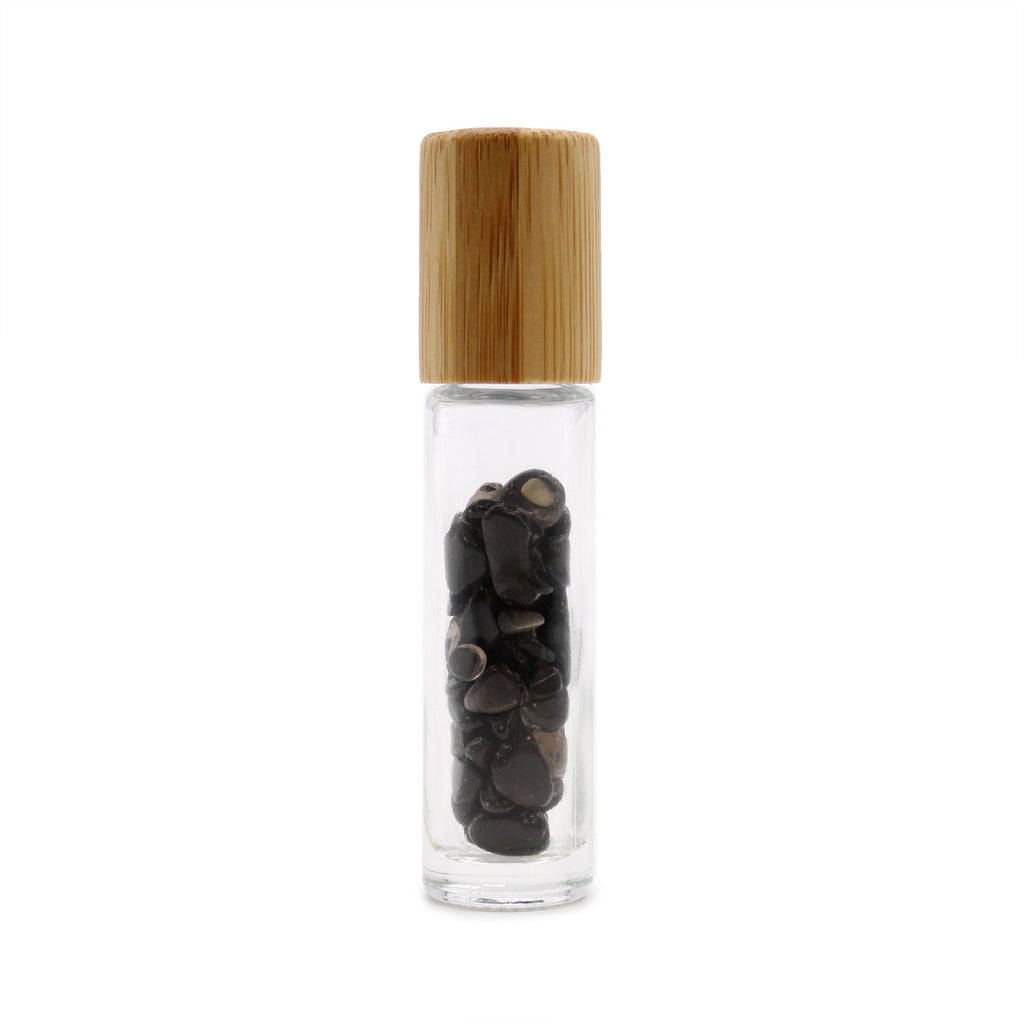 * Flacon roll-on pour huiles essentielles en tourmaline noire – 5 ml, bouchon en bois et bille en tourmaline noire