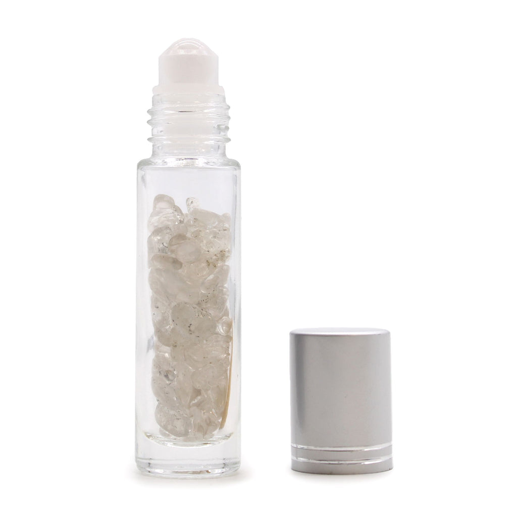 * Flacon roll-on pour huiles essentielles en cristal de roche – Bouchon argenté + embout à bille en cristal de roche pour flacon de 5 ml