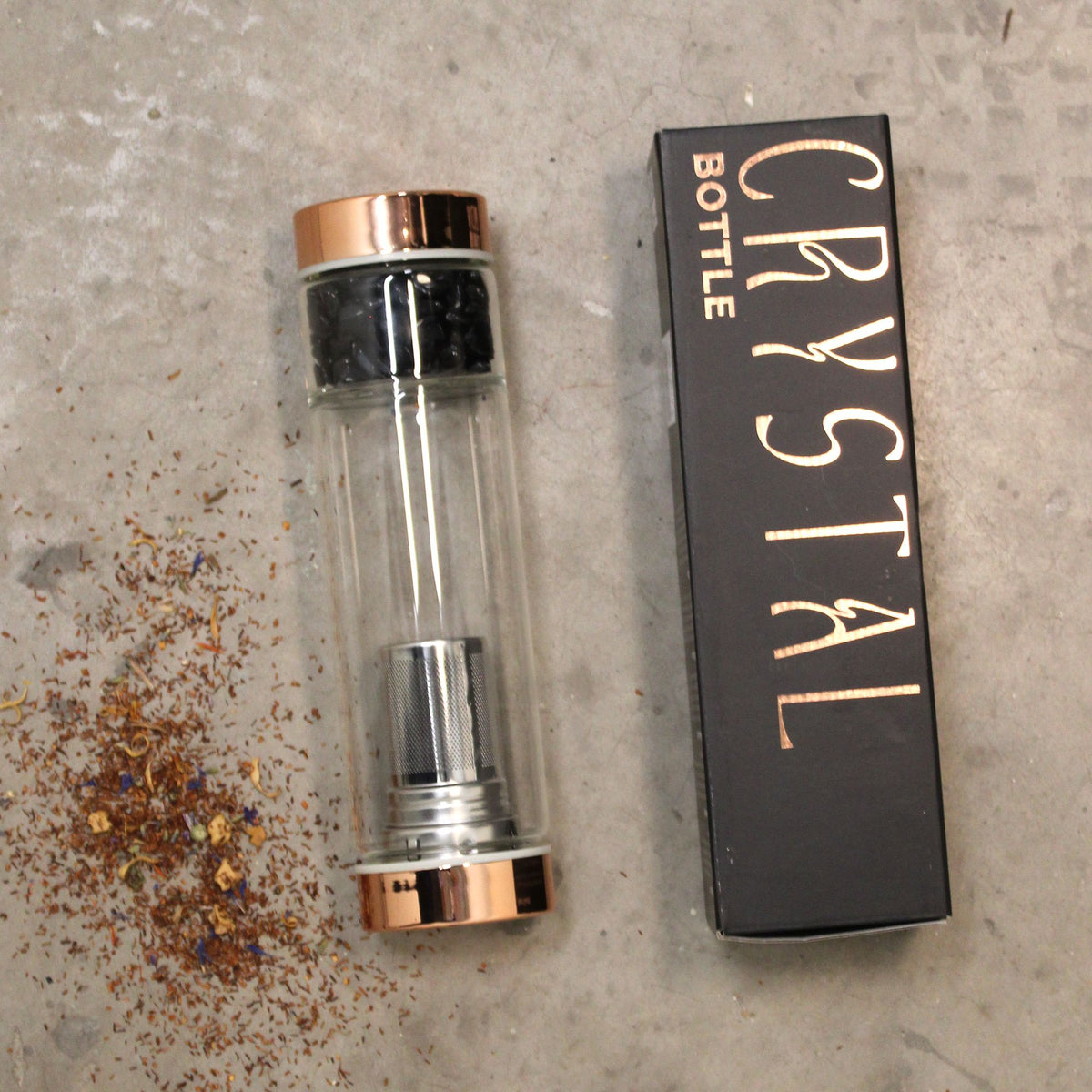Bouteille infuseur à thé en verre, doré rose et améthyste (500 ml)
