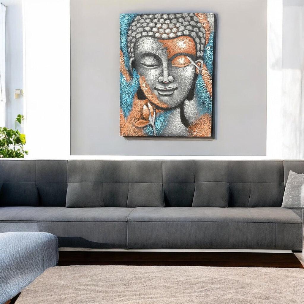 * Tableau Bouddha argenté et fleur or rose, 75 × 55 cm
