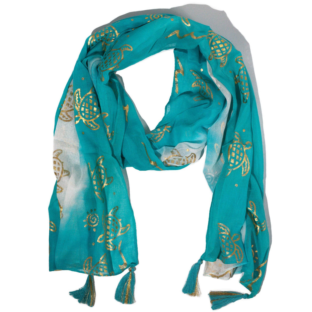 Foulard Femme Turquoise & Tortues Dorées avec Franges – Collection Nomad Sari Summer (180x50cm)