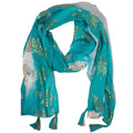 Foulard Femme Turquoise & Tortues Dorées avec Franges – Collection Nomad Sari Summer (180x50cm)