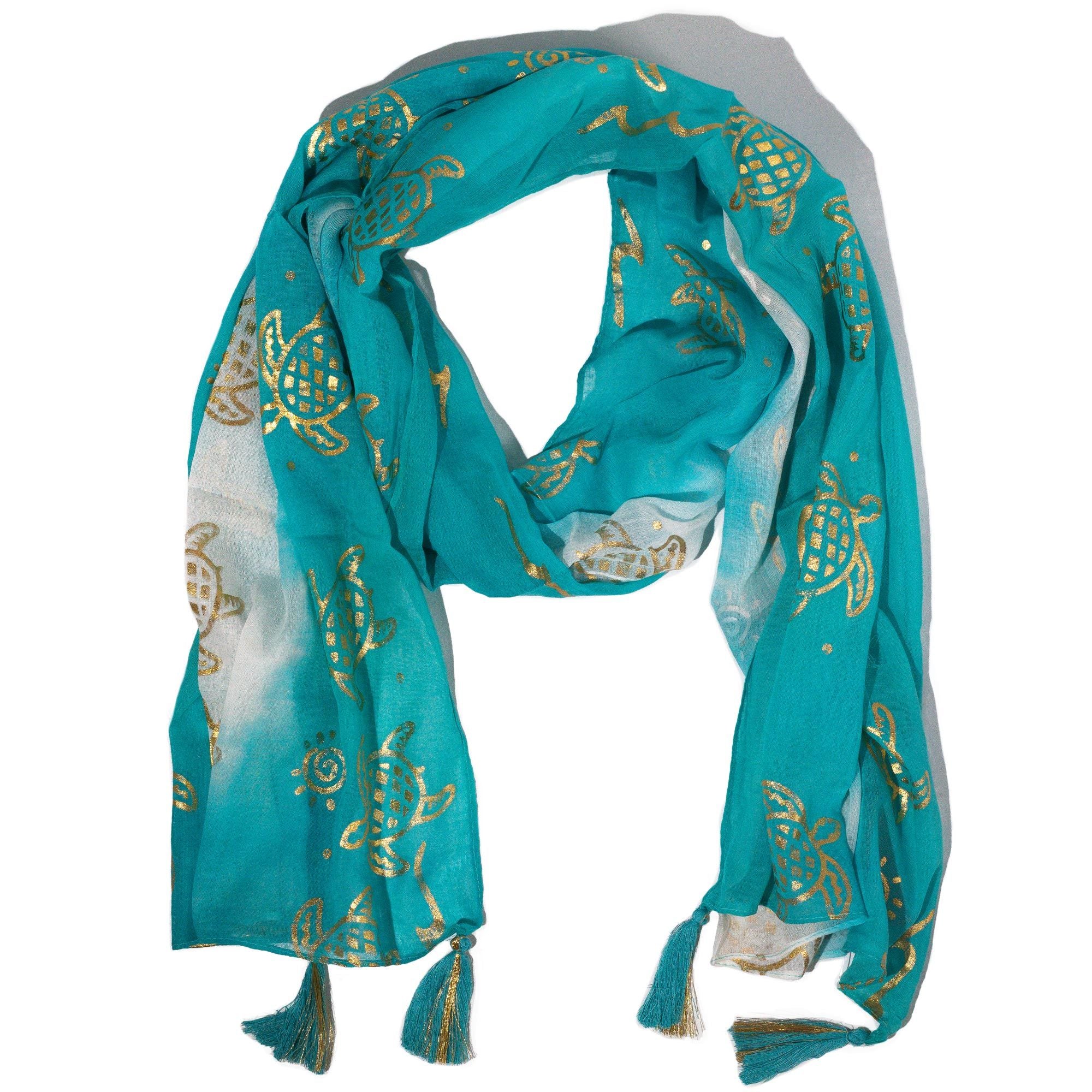 Foulard Femme Turquoise & Tortues Dorées avec Franges – Collection Nomad Sari Summer (180x50cm)