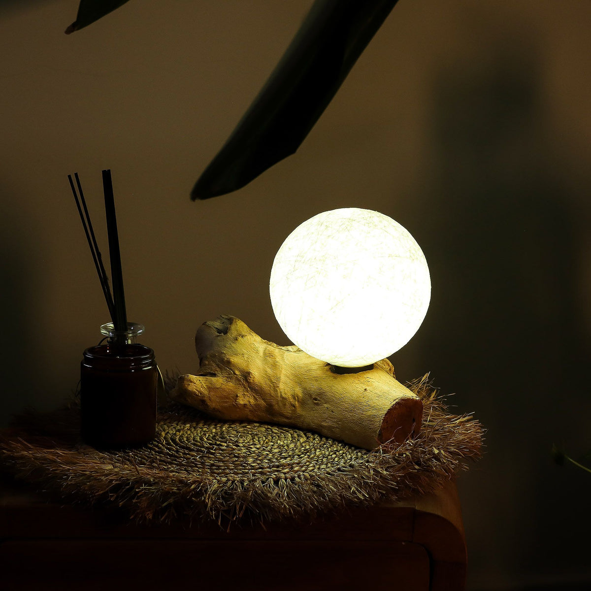 * Lampe DriftGlow Cotton Luna – Abat-jour ivoire et pied en bois flotté