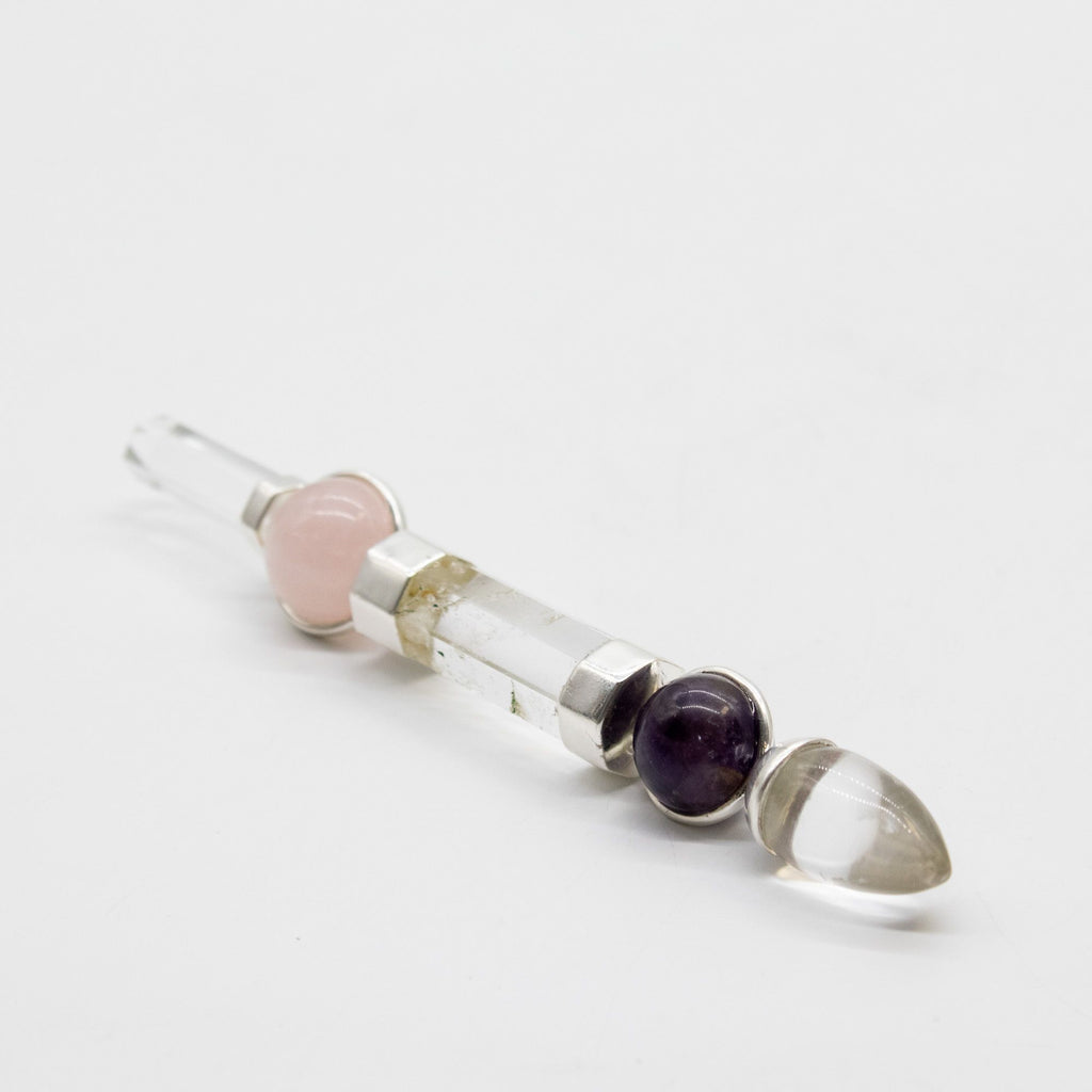 * Baguette Axe de grâce – Sphères en améthyste et quartz rose, tige en quartz, 12 cm